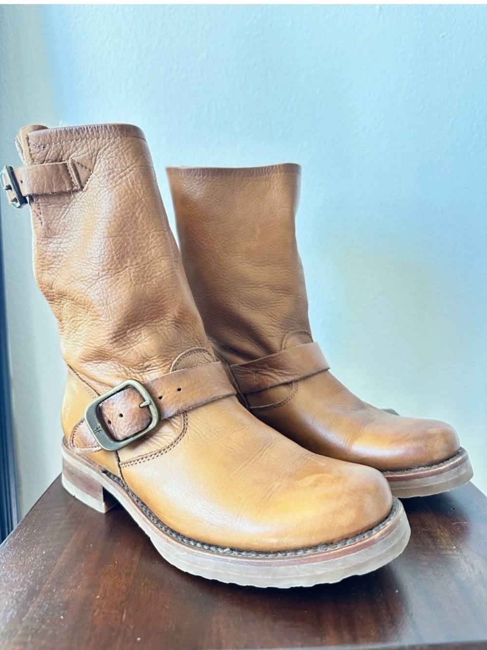 Frye Tan Leather Harness Moto Boots